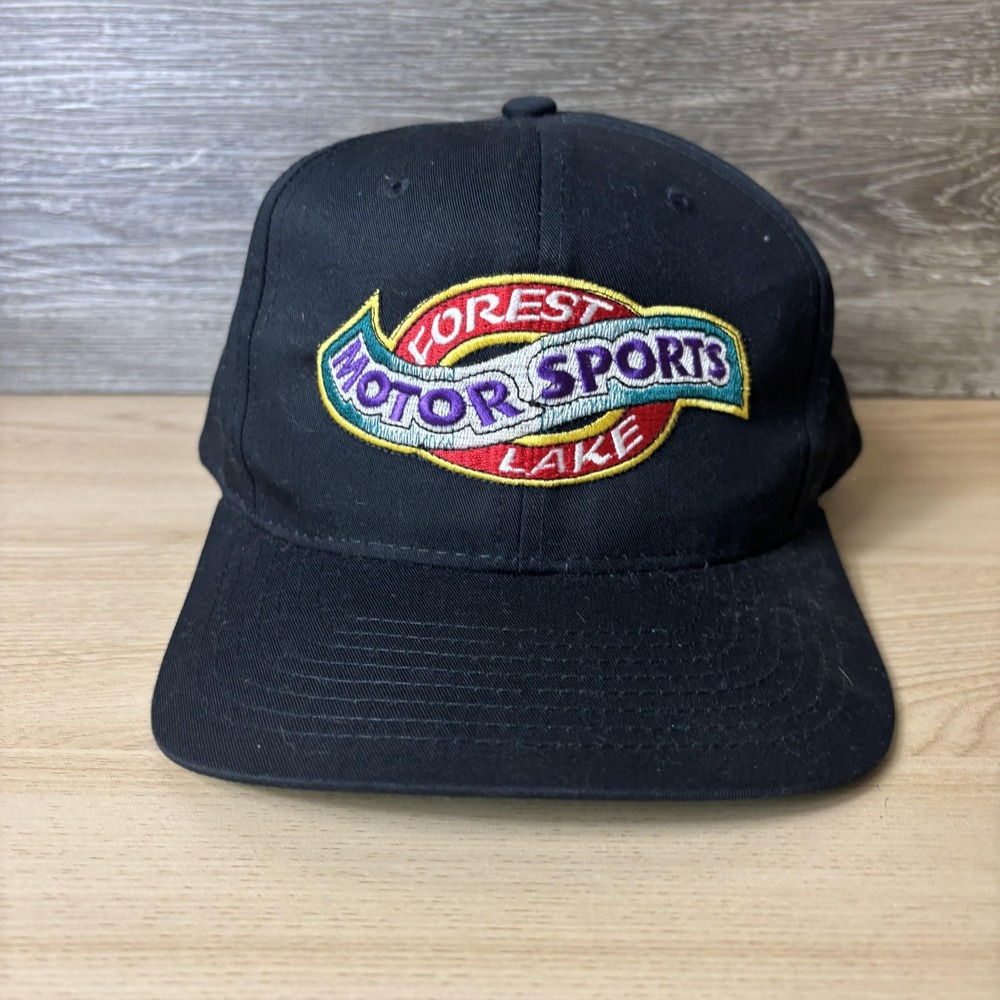 VINTAGE Forest Lake Motor Sports Hat Cap Snap Back Black Advertising Mens 90s